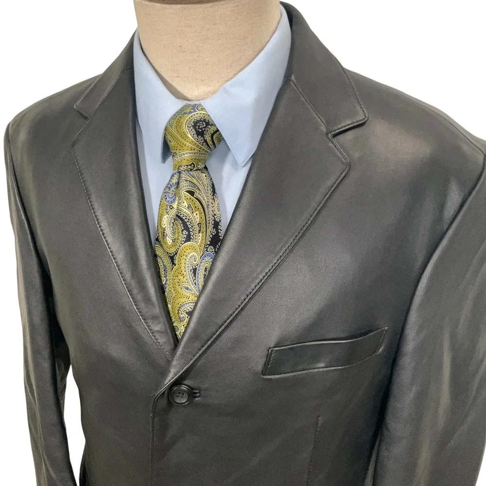 Stafford‎ Leather Blazer Mens Medium Black 3 Button Luxury Matrix Goth Jacket